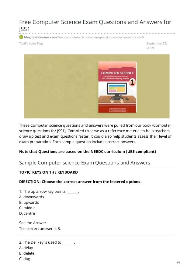 free computer science exam questions and answers for jss1