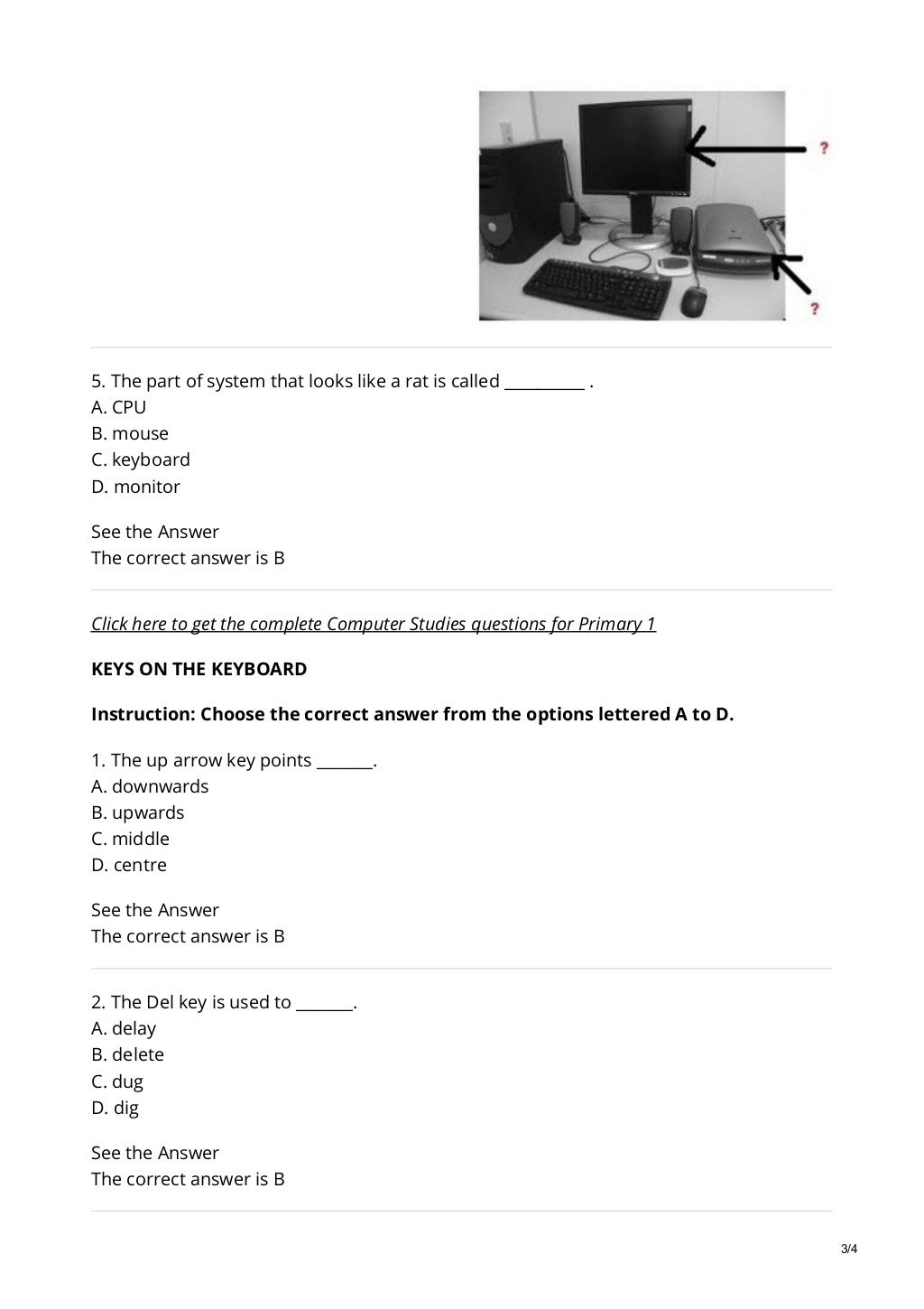 free computer studies examination question and answers primary 1