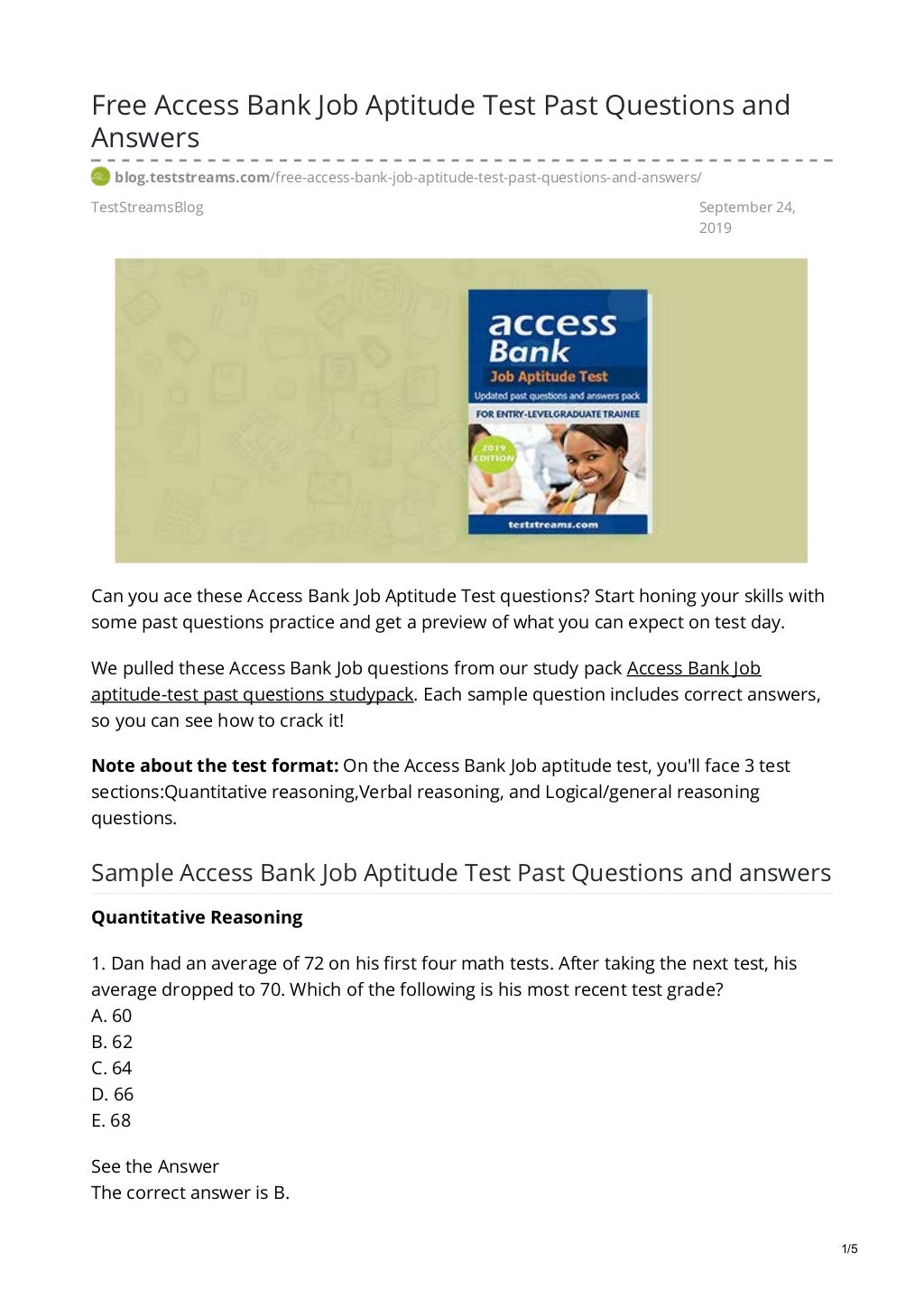 Free Access Bank Job Aptitude Test Past Questions And Answers