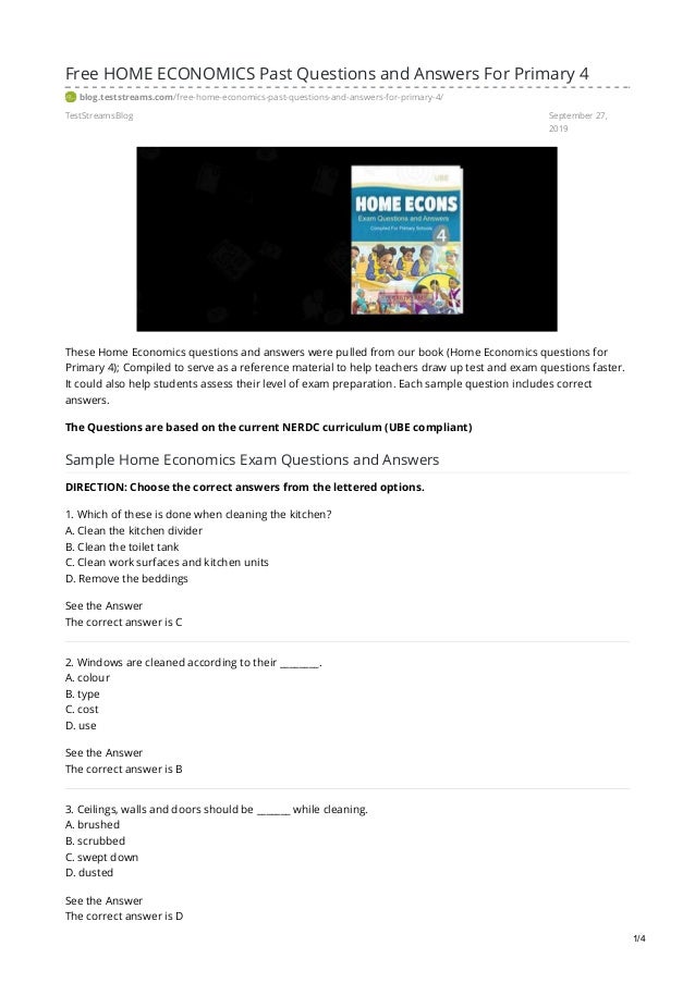 free home economics past questions and answers for primary 4