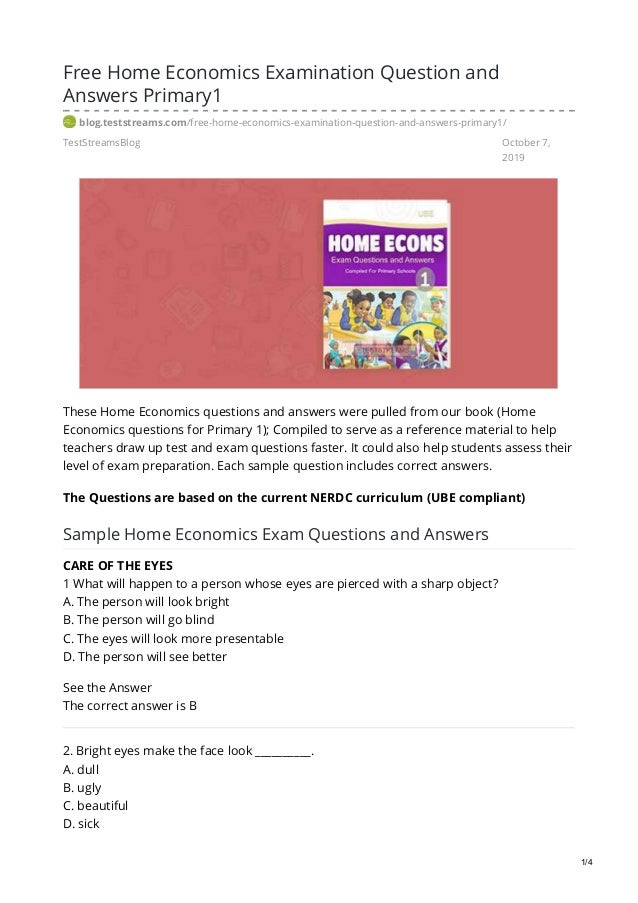 Free Home Economics Examination Question And Answers Primary1