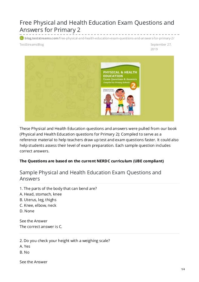 free physical and health education exam questions and answers for primary 2