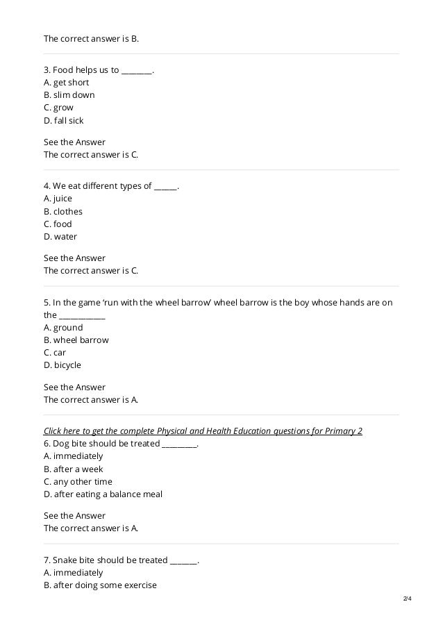 free physical and health education exam questions and answers for primary 2