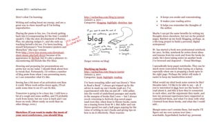 January 2011 – sachachua.com


Here’s what I’m learning:                             http://sachachua.com/blog/p/22029                          It keeps you awake and concentrating.
                                                      January 4, 2011 -
                                                                                                                 It makes your reading active.
Writing and coding boost my energy, and are a         Categories: blogging, highlight, sketches, tips
great way to cheer myself up if I’m feeling                                                                      It helps you remember the thoughts of
unproductive.                                                                                                     the author.

Playing the piano is fun, too. I’m slowly getting                                                          Maybe I can get the same benefits by writing my
back into it (compensating for the time I couldn’t                                                         thoughts down elsewhere, but not on the printed
speak?). I like the slow development of fluency.                                                           pages. Ratchet up my book-blogging, perhaps, as
Plus, my playing nudges J-, and she ends up                                                                a life-long project to build a personal, digital
teaching herself a bit too. I’ve been teaching                                                             syntopicon?
myself Schumann’s “Von fremden Ländern und
Menschen” (the easy version                                                                                W- has started a fresh new professional notebook
from http://www.free-scores.com/download-                                                                  for 2011. In this, notebook he writes down ideas
sheet-music.php?pdf=8153) because of its                                                                   and lessons from his work and from the books he
appearance in McDull, but it’s also a pleasure re-                                                         reads. He’s been taking notes on another book
encountering old friends like Für Elise.              (larger version on blog)                             I’ve browsed and dogeared – Visual Meetings.

Drawing and preparing for presentations are                                                                I sporadically keep paper notebooks. They can be
pretty low on my radar. I should think about how      Marking up books                                     much more convenient than typing on a laptop,
to tweak that. Fortunately, I’d written a number      http://sachachua.com/blog/p/22030                    especially when one is propping a book open to
of blog posts from when I was presenting more,        January 5, 2011 -                                    the right page. Perhaps the tablet will make it
so I can remember what it’s like.                     Categories: book, highlight, reading                 easier to keep my handwritten notes?

Sewing has a bit more of an activation cost than      I’ve been rereading Adler and van Doren’s “How       What would my ideal book notes system be like?
it could. When work settles down again, I’ll set      to Read a Book”. I always get tripped up by the      Decades later, I’d like to be able to say – ah, if
aside some time to see if I can fix this.             advice to mark up one’s books (p48-51). I’ve         you’re interested in that, here are the books I’ve
                                                      experimented with this on and off – wild sallies     read about it, and this is how they’re connected
Tomorrow is going to be a busy day. I still have a    into the world of underlined passages and marks      to each other, and the arguments they made, and
bit of a cough and some sniffles, and I’ll probably   in the margins of books that I own — but I always    how my personal experiences have supported or
work from home, but my voice is back and I can        recoil, returning to furtively dog-eared pages       contradicted them, and what I’ve done with what
focus on work. (More easily on work than on           (and even this, when done to library books, earns    I learned from those books, and what else I could
other things, even.)                                  me a teasing frown from W-). But Adler and van       add…
                                                      Doren spend two and a half pages arguing for the
                                                      value of writing in one’s books and giving tips on   Margin notes can’t contain these, but maybe I’ll
Sketches: If you want to make the most of             how to do it effectively. Their reasons:             figure out my own system over time –
your next conference, you should blog                                                                      searchable, hyperlinked, backed-up, personal,
 