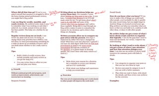 February 2011 – sachachua.com                                                                                                                                   70


Where did all that time go? If you’ve ever             Writing about my decisions helps me                   Donald Knuth
asked yourself that question or struggled to fill in   review them later. For example, I wrote
the boxes during annual performance reviews,           about limiting my blog posts to one a day. A year     How do you know what you know? If you
you might find a blog useful.                          later, I revisited that decision to see if it still   were to make a list of things you could teach
                                                       made sense for me. I’ve got notes about what I        other people, you’d probably be able to quickly
I use my blog for weekly, monthly, and                 want to do with IBM and some of the                   list some recent items, but you might forget to
yearly reviews. My archived notes make it easy         reasons why I love my husband, and I add to           mention things you learned several years ago.
to remember what I was working on and what I           those regularly. Being able to read through my        Blog archives can help you remember what you
achieved. As a result, annual reviews are more         blog archive makes it easier to remember the          know so that you can build on it, combine it with
fun than painful. This helps set a rhythm for my       reasons for my decisions and to detect when           other ideas, or share it with other people.
life, too.                                             things are changing.
                                                                                                             My archive helps me get a sense of what I
Regular reviews keep me on track. I can                Written accounts allow me to compare my               know about a topic and how to organize
review my plans and see how I’m doing, or              past selves with the present. How have I              that logically. I can see the gaps that I need to
change them if my priorities have shifted. I can       improved my skills? How have I changed my             learn and document. As I revise, I improve my
tell when I’ve been procrastinating something for      mind? What have I lost and what have I gained? I      understanding.
a while (it shows up on multiple reviews!) and I       can trace my stick-figure skills from my first such
can think about whether or not I really want to        presentation in 2008 to my most-recent                By looking at what I tend to write about, I
do it.                                                 presentation through the evolution of                 can get a sense of where I pay attention
                                                       my sketches. (I’ve gotten better at drawing           and how that attention changes over
Tips:                                                  quickly, but I don’t draw with many colours as I      time. I can also use my archive to slowly build
                                                       used to.)                                             resources for summary posts with links to
       Build a habit of weekly reviews, then                                                                details.
        include monthly and yearly reviews as          Tips:
        you get the hang of it.                                                                              Tips:
                                                              Write down your reasons for a decision.
       Use your review time to reflect on your
                                                               Set a reminder to review your decision               Use categories to organize your posts so
        past and plan your future.
                                                               and see if it’s worthwhile.                           that you can view them by topic.
                                                              Write about your feelings and experiences            Review your posts by category to see if
3. Growth
                                                               to help you revisit them.                             you can write a better summary.
Without continual growth and progress, such                                                                         Plan what you want to learn, write about
words as improvement, achievement, and                 4. Overview                                                   the details, and then review your archives
success have no meaning.                                                                                             for the overview.
                                                       The very act of communicating one’s work clearly
Benjamin Franklin                                      to other people will improve the work itself.         Examples:
 