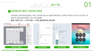 NAVER MARKETING
블로그 개요 블로그 개설
Made by KoMyungHwan
깔끔해보이는 블로그 레이아웃 설정법
- PC용 블로그 레이아웃을 설정하는 이유는 가독성에 있음. 최근 홈페이지형 블로그가 대세로 자리잡고 있어 2단, 3단 보다는 1단
블로그로 레이아웃을 설정하는 것이 보기에 깔끔함
- 블로그 관리자 모드 -> 꾸미기 설정 -> 디자인 설정/레이아웃 위젯 설정
레이아웃 설정법 3단 레이아웃 2단 레이아웃 1단 레이아웃
 