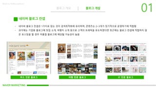 NAVER MARKETING
블로그 개요 블로그 개설
Made by KoMyungHwan
네이버 블로그 컨셉
- 네이버 블로그 컨셉은 1가지로 잡는 것이 검색최적화에 유리하며, 콘텐츠는 2~3개가 장기적으로 운영하기에 적합함
- 과거에는 기업용 블로그에 맛집 소개, 여행지 소개 등으로 고객의 트래픽을 유도하였다면 최근에는 블로그 컨셉에 적합하지 않
은 포스팅을 할 경우 저품질 블로그에 해당될 가능성이 높음
푸드 전문 블로그 여행 전문 블로그 IT 전문 블로그
 