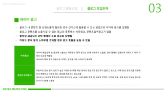 NAVER MARKETING
블로그 활용방법 블로그 유입전략
Made by KoMyungHwan
네이버 광고
- 블로그 내 콘텐츠 중 상위노출이 필요한 경우 단기간에 활용할 수 있는 방법으로 네이버 광고를 집행함
- 블로그 콘텐츠를 노출시킬 수 있는 광고의 종류에는 파워링크, 콘텐츠검색광고가 있음
- 클릭당 과금되는 CPC 형태의 유료 광고로 집행됨
- 키워드 분석 등의 노하우를 겸비할 경우 광고 효율을 높일 수 있음
파워링크
네이버 통합검색 탭 결과에 노출되는 파워링크 영역 광고는 최대 10개까지 노출됨. 경매 형태로 진행되며 키워드가 따라 가
격이 다르게 책정됨
네이버의 대표 광고 상품으로 키워드 설정에 대한 노하우가 필요함
콘텐츠검색광고
이용자의 정보 탐색 의도가 높은 키워드에 대해 해당 분야의 전문가인 광고주가 블로그, 포스트, 카페 등의 콘텐츠를 이용해
보다 정확하고 신뢰성 있는 정보를 제공하는 광고상품
네이버 PC/모바일 통합검색 결과 페이지의 VIEW, 스마트블록 영역 및 모바일 콘텐츠 지면에 제목, 설명 등의 정보와 썸네일
이미지가 함께 노출됨
 