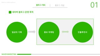 NAVER MARKETING
블로그 개요 블로그 개설
Made by KoMyungHwan
네이버 블로그 운영 목적
일상의 기록 홍보 마케팅 인플루언서
 