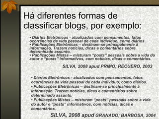 Há diferentes formas de classificar blogs, por exemplo: •  Diários Eletrônicos - atualizados com pensamentos, fatos ocorrências da vida pessoal de cada indivíduo, como diários.  • Publicações Eletrônicas – destinam-se principalmente à informação. Trazem notícias, dicas e comentários sobre determinado assunto.  • Publicações Mistas – misturam “posts” pessoais sobre a vida do autor e “posts” informativos, com notícias, dicas e comentários.   •  Diários Eletrônicos - atualizados com pensamentos, fatos ocorrências da vida pessoal de cada indivíduo, como diários.  • Publicações Eletrônicas – destinam-se principalmente à informação. Trazem notícias, dicas e comentários sobre determinado assunto.  • Publicações Mistas – misturam “posts” pessoais sobre a vida do autor e “posts” informativos, com notícias, dicas e comentários.   SILVA, 2008 apud PRIMO; RECUERO, 2003   SILVA, 2008 apud   GRANADO; BARBOSA, 2004   