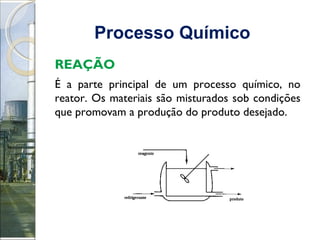 Processo Químico   REAÇÃO É a parte principal de um processo químico, no reator. Os materiais são misturados sob condições que promovam a produção do produto desejado. 
