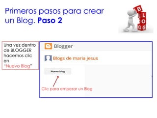 Primeros pasos para crear
un Blog. Paso 2
Una vez dentro
de BLOGGER
hacemos clic
en
“Nuevo Blog”
Clic para empezar un Blog
 