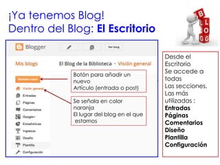 ¡Ya tenemos Blog!
Dentro del Blog: El Escritorio
Se señala en color
naranja
El lugar del blog en el que
estamos
Botón para...