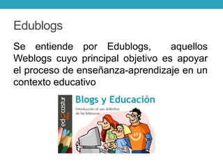 Edublogs
Se entiende por Edublogs, aquellos
Weblogs cuyo principal objetivo es apoyar
el proceso de enseñanza-aprendizaje en un
contexto educativo
 