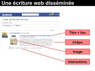 Une écriture web disséminée




                         Titre + lien

                           Châpo

                           Image


                        Interactions
 
