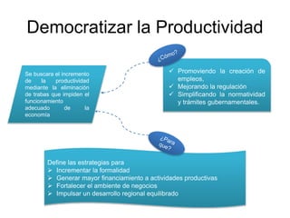 Democratizar la Productividad
Se buscara el incremento
de la productividad
mediante la eliminación
de trabas que impiden el
funcionamiento
adecuado de la
economía
Define las estrategias para
 Incrementar la formalidad
 Generar mayor financiamiento a actividades productivas
 Fortalecer el ambiente de negocios
 Impulsar un desarrollo regional equilibrado
 Promoviendo la creación de
empleos,
 Mejorando la regulación
 Simplificando la normatividad
y trámites gubernamentales.
 