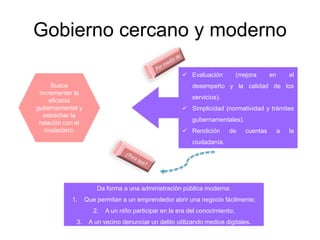 Gobierno cercano y moderno
Busca
incrementar la
eficacia
gubernamental y
estrechar la
relación con el
ciudadano.
Da forma a una administración pública moderna:
1. Que permitan a un emprendedor abrir una negocio fácilmente;
2. A un niño participar en la era del conocimiento;
3. A un vecino denunciar un delito utilizando medios digitales.
 Evaluación (mejora en el
desempeño y la calidad de los
servicios).
 Simplicidad (normatividad y trámites
gubernamentales).
 Rendición de cuentas a la
ciudadanía.
 