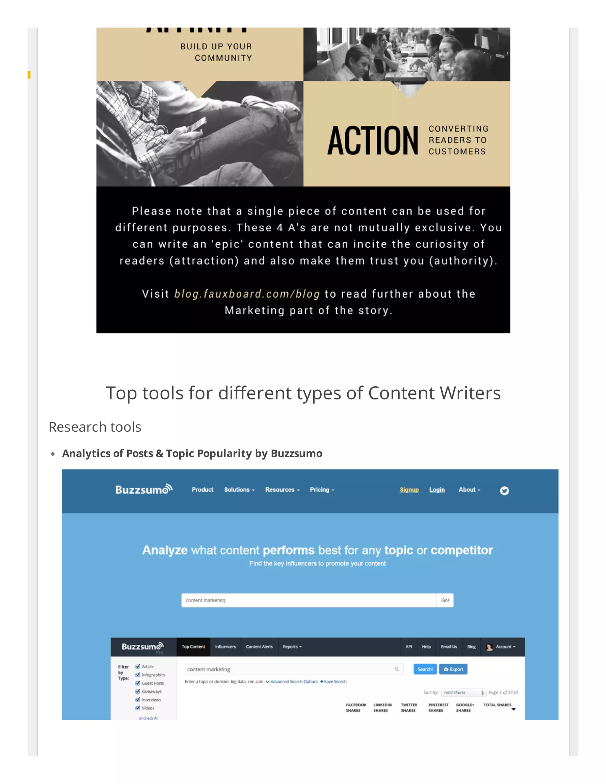  
Top tools for di erent types of Content Writers
Research tools
Analytics of Posts & Topic Popularity by Buzzsumo
 