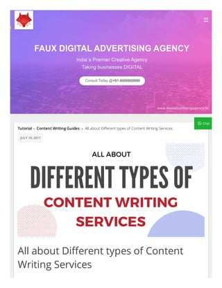 All about Di erent types of Content
Writing Services
Tutorial Content Writing Guides> All about Di erent types of Content Writing Services>
JULY 19, 2017

 Chat
 