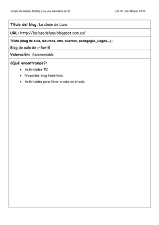 Grupo de trabajo: El blog y su uso educativo en EI C.E.I.P. San Roque 13/14
Título del blog: La clase de Luna
URL: http://laclasedeluna.blogspot.com.es/
TEMA (blog de aula, recursos, arte, cuentos, pedagogía, juegos…):
Blog de aula de infantil
Valoración: Recomendable
¿Qué encontramos?:
• Actividades T¡C
• Proyectos-blog temáticos.
• Actividades para llevar a cabo en el aula.
 