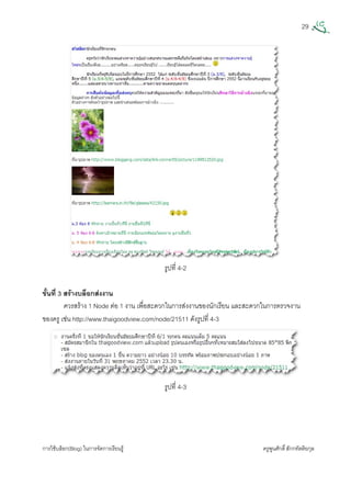 29
การใชบล็อก(Blog) ในการจัดการเรียนรู ครูพูนศักดิ์สักกทัตติยกุล
 
รูปที่ 4-2
ขั้นที่ 3 สรางบล็อกสงงาน
ควรสราง 1 Node ตอ 1 งาน เพื่อสะดวกในการสงงานของนักเรียน และสะดวกในการตรวจงาน
ของครู เชน http://www.thaigoodview.com/node/21511 ดังรูปที่ 4-3
รูปที่ 4-3
 