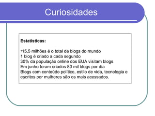 Curiosidades Estatísticas: 15,5 milhões é o total de blogs do mundo 1 blog é criado a cada segundo 30% da população online dos EUA visitam blogs Em junho foram criados 80 mil blogs por dia Blogs com conteúdo político, estilo de vida, tecnologia e escritos por mulheres são os mais acessados.  