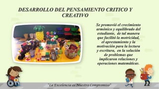 DESARROLLO DEL PENSAMIENTO CRITICO Y
CREATIVO
Se promovió el crecimiento
armónico y equilibrado del
estudiante, de tal manera
que facilitó la motricidad,
el aprestamiento y la
motivación para la lectura
y escritura, en la solución
de problemas que
implicaron relaciones y
operaciones matemáticas.
 
