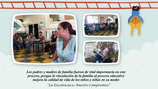 Los padres y madres de familia fueron de vital importancia en este
proceso, porque la vinculación de la familia al proceso educativo
mejora la calidad de vida de los niños y niñas en su medio
 