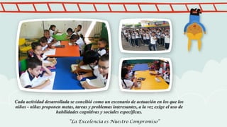 Cada actividad desarrollada se concibió como un escenario de actuación en los que los
niños - niñas proponen metas, tareas y problemas interesantes, a la vez exige el uso de
habilidades cognitivas y sociales específicas.
 