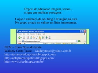 Depois de adicionar imagem, textos... clique em publicar postagens Copie o endereço de seu blog e divulgue na lista  No grupo criado no yahoo em links importantes. NTM – Terra Nova do Norte Waldety Costa Tasso –  [email_address] http://terranovadonortemt.blogspot.com/ http://cefapromatupatics.blogspot.com/ http://www.ticedu.xpg.com.br/ 