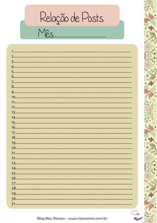 Relação de Posts
Blog Meu Romeu - www.meuromeu.com.br
Mês...............................................
1...............................................................................................................
2...............................................................................................................
3...............................................................................................................
4...............................................................................................................
5...............................................................................................................
6...............................................................................................................
7...............................................................................................................
8...............................................................................................................
9...............................................................................................................
10..............................................................................................................
11..............................................................................................................
12..............................................................................................................
13..............................................................................................................
14..............................................................................................................
15..............................................................................................................
16..............................................................................................................
17..............................................................................................................
18..............................................................................................................
19..............................................................................................................
20..............................................................................................................
21..............................................................................................................
22..............................................................................................................
23..............................................................................................................
24..............................................................................................................
25..............................................................................................................
26..............................................................................................................
27..............................................................................................................
28..............................................................................................................
29..............................................................................................................
30..............................................................................................................
31..............................................................................................................
 