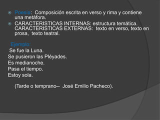  Poesía: Composición escrita en verso y rima y contiene
una metáfora.
 CARACTERISTICAS INTERNAS: estructura temática.
CARACTERISTICAS EXTERNAS: texto en verso, texto en
prosa, texto teatral.
Ejemplo:
Se fue la Luna.
Se pusieron las Pléyades.
Es medianoche.
Pasa el tiempo.
Estoy sola.
(Tarde o temprano-- José Emilio Pacheco).
 