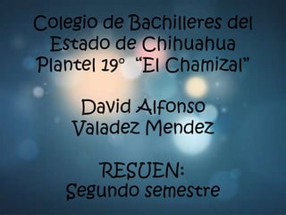 Colegio de Bachilleres del
 Estado de Chihuahua
Plantel 19° “El Chamizal”

     David Alfonso
    Valadez Mendez

      RESUEN:
   Segundo semestre
 