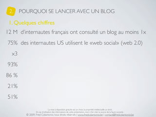 2.    POURQUOI SE LANCER AVEC UN BLOG

 1. Quelques chiffres
12 M d’internautes français ont consulté un blog au moins 1x
75% des internautes US utilisent le «web social» (web 2.0)
  x3
93%
86 %
21%
51%

                                 La mise à disposition gratuite est un choix, la propriété intellectuelle un droit.
                 En cas d’utilisation des informations de cette présentation, merci d’en citer la source de la façon suivante :
         © 2009, Fred Colantonio, tous droits réservés | www.fredcolantonio.be | contact@fredcolantonio.be
 