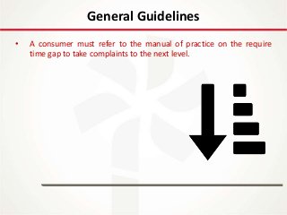 IT Update
18th May 2016
• A consumer must refer to the manual of practice on the require
time gap to take complaints to the next level.
General Guidelines
 
