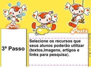 3º Passo Selecione os recursos que seus alunos poderão utilizar (textos,imagens, artigos e links para pesquisa ). 