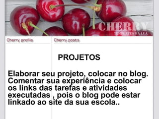 PROJETOS  Elaborar seu projeto, colocar no blog. Comentar sua experiência e colocar os links das tarefas e atividades executadas , pois o blog pode estar linkado ao site da sua escola..  