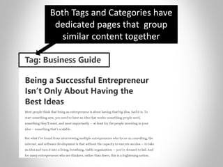 Both Tags and Categories have
dedicated pages that group
similar content together
 