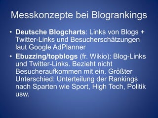 Messkonzepte bei Blogrankings
• Deutsche Blogcharts: Links von Blogs +
  Twitter-Links und Besucherschätzungen
  laut Google AdPlanner
• Ebuzzing/topblogs (fr. Wikio): Blog-Links
  und Twitter-Links. Bezieht nicht
  Besucheraufkommen mit ein. Größter
  Unterschied: Unterteilung der Rankings
  nach Sparten wie Sport, High Tech, Politik
  usw.
 