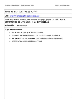 Grupo de trabajo: El blog y su uso educativo en EI C.E.I.P. San Roque 13/14
Título del blog: COSITAS DE AL Y PT
URL: http://fichasalypt.blogspot.com.es/
TEMA (blog de aula, recursos, arte, cuentos, pedagogía, juegos…): RECURSOS
EDUCATIVOS DE ATENCIÓN A LA DIVERSIDAD
Valoración: Recomendable
¿Qué encontramos?:
• ENLACES A BLOGS MUY INTERESANTES
• FICHAS Y MATERIALES PARA LOS TRES CICLOS DE PRIMARIA
• MATERIALES DIVERSOS PARA LA ESTIMULACIÓN DEL LENGUAJE
• ACTIVIDES Y RECURSOS EDUCATIVOS
 