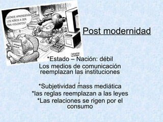 Post modernidad   *Estado – Nación: débil Los medios de comunicación reemplazan las instituciones *Subjetividad mass mediática *las reglas reemplazan a las leyes *Las relaciones se rigen por el consumo 