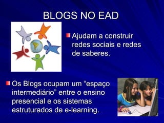 Ajudam a construir redes sociais e redes de saberes. BLOGS NO EAD Os Blogs ocupam um “espaço intermediário” entre o ensino presencial e os sistemas estruturados de e-learning. 