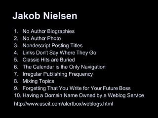 Jakob Nielsen <ul><li>1.  No Author Biographies </li></ul><ul><li>2.  No Author Photo </li></ul><ul><li>3.  Nondescript Po...