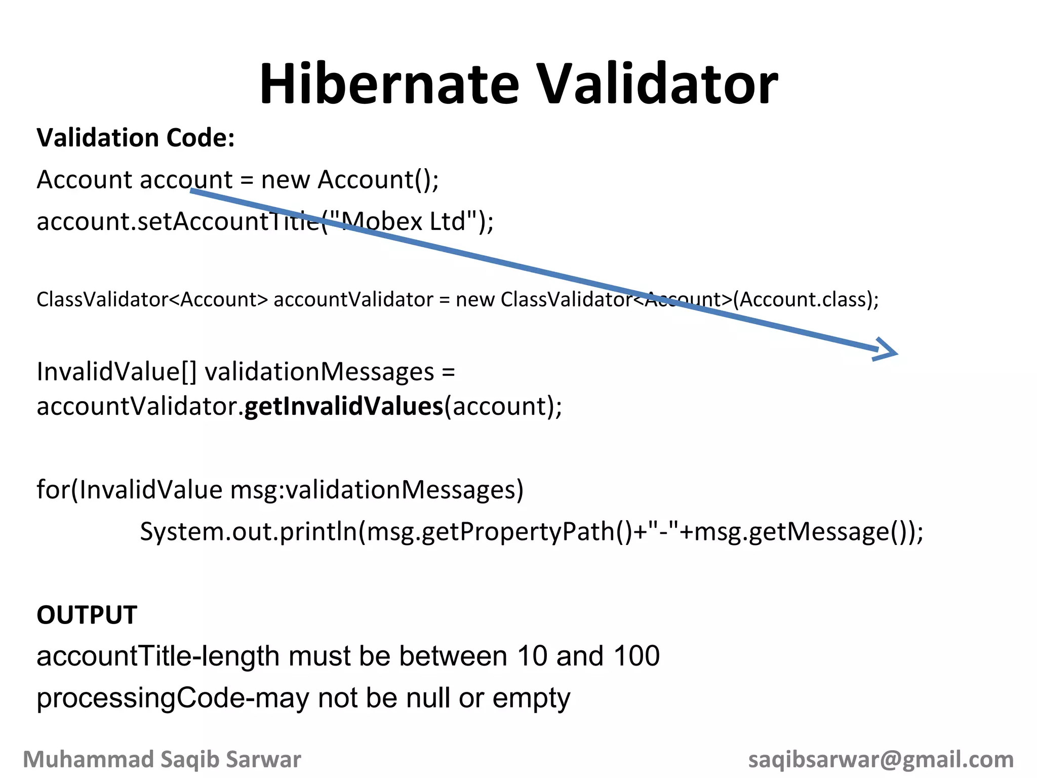 Validation Code: Account account = new Account(); account.setAccountTitle(&quot;Mobex Ltd&quot;); ClassValidator<Account> accountValidator = new ClassValidator<Account>(Account.class); InvalidValue[] validationMessages = accountValidator. getInvalidValues (account); for(InvalidValue msg:validationMessages) System.out.println(msg.getPropertyPath()+&quot;-&quot;+msg.getMessage()); OUTPUT accountTitle-length must be between 10 and 100 processingCode-may not be null or empty Hibernate Validator Muhammad Saqib Sarwar [email_address] 