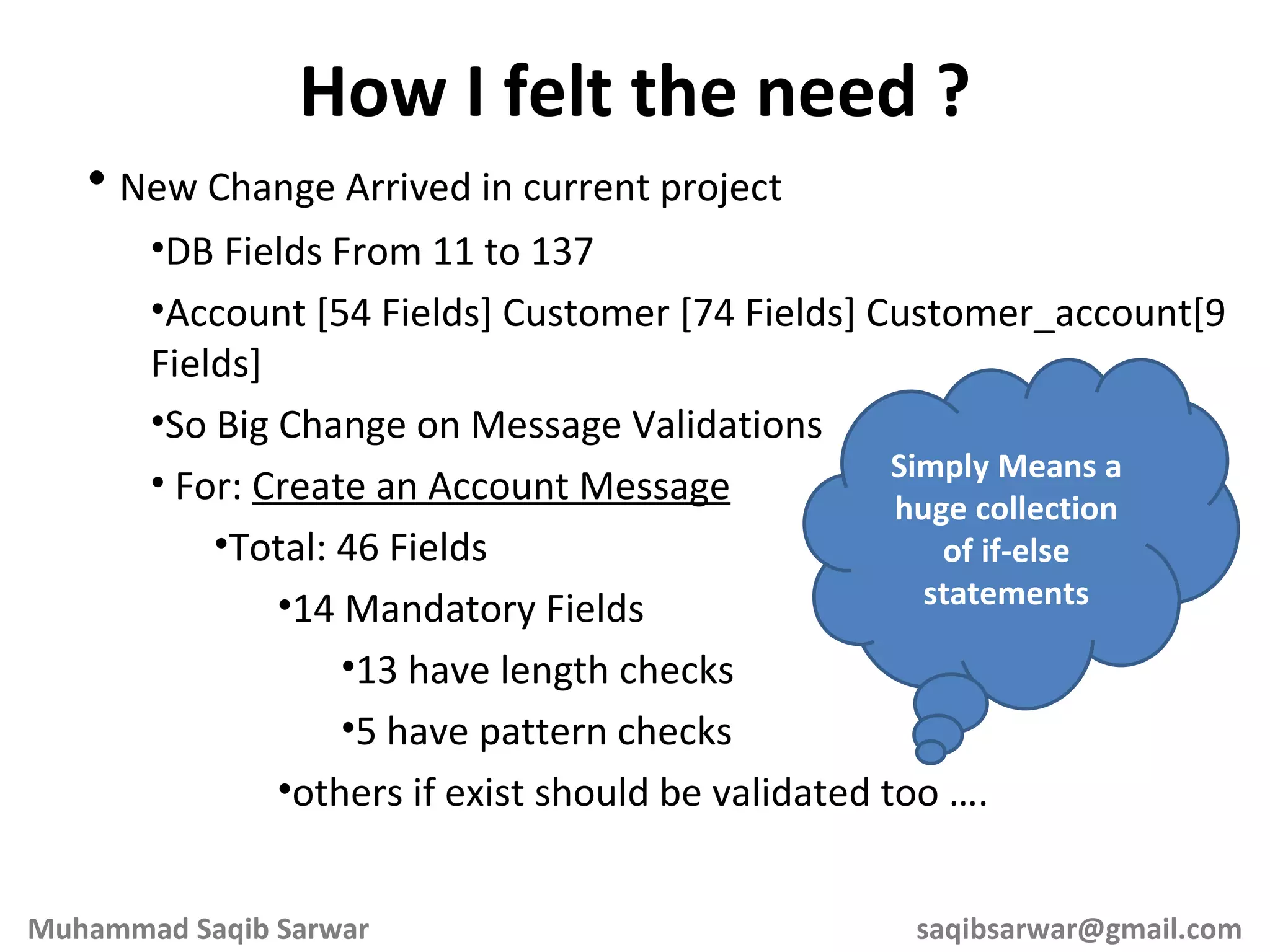 New Change Arrived in current project DB Fields From 11 to 137 Account [54 Fields] Customer [74 Fields] Customer_account[9 Fields] So Big Change on Message Validations For: Create an Account Message Total: 46 Fields 14 Mandatory Fields 13 have length checks 5 have pattern checks others if exist should be validated too …. How I felt the need ? Simply Means a huge collection of if-else statements Muhammad Saqib Sarwar [email_address] 