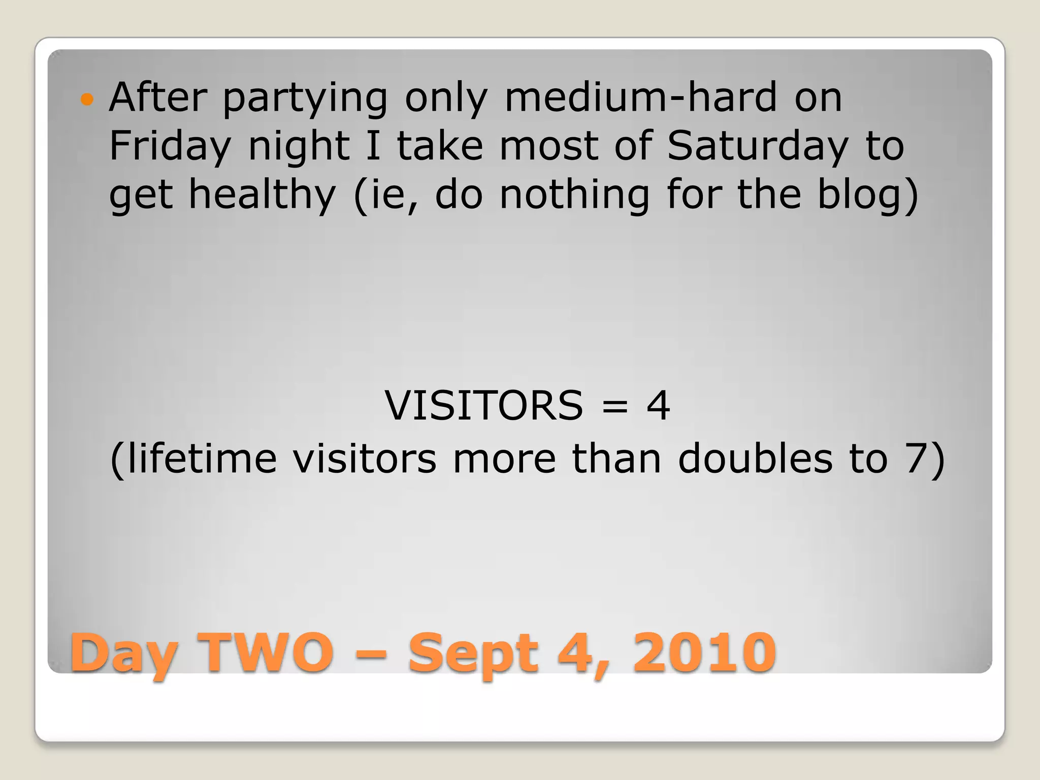 Day TWO – Sept 4, 2010After partying only medium-hard on Friday night I take most of Saturday to get healthy (ie, do nothing for the blog)VISITORS = 4(lifetime visitors more than doubles to 7)