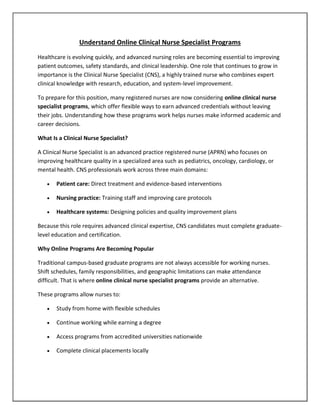 Understand Online Clinical Nurse Specialist Programs | PDF