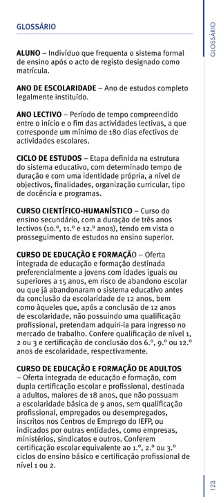 GLOSSÁRIO




                                                          GLossáRio
ALUNO – Indivíduo que frequenta o sistema formal
de ensino após o acto de registo designado como
matrícula.

ANO DE ESCOLARIDADE – Ano de estudos completo
legalmente instituído.

ANO LECTIVO – Período de tempo compreendido
entre o início e o fim das actividades lectivas, a que
corresponde um mínimo de 180 dias efectivos de
actividades escolares.

CICLO DE ESTUDOS – Etapa definida na estrutura
do sistema educativo, com determinado tempo de
duração e com uma identidade própria, a nível de
objectivos, finalidades, organização curricular, tipo
de docência e programas.

CURSO CIENTÍFICO-HUMANÍSTICO – Curso do
ensino secundário, com a duração de três anos
lectivos (10.°, 11.° e 12.° anos), tendo em vista o
prosseguimento de estudos no ensino superior.

CURSO DE EDUCAÇÃO E FORMAÇÃO – Oferta
integrada de educação e formação destinada
preferencialmente a jovens com idades iguais ou
superiores a 15 anos, em risco de abandono escolar
ou que já abandonaram o sistema educativo antes
da conclusão da escolaridade de 12 anos, bem
como àqueles que, após a conclusão de 12 anos
de escolaridade, não possuindo uma qualificação
profissional, pretendam adquiri-la para ingresso no
mercado de trabalho. Confere qualificação de nível 1,
2 ou 3 e certificação de conclusão dos 6.°, 9.° ou 12.°
anos de escolaridade, respectivamente.

CURSO DE EDUCAÇÃO E FORMAÇÃO DE ADULTOS
– Oferta integrada de educação e formação, com
dupla certificação escolar e profissional, destinada
a adultos, maiores de 18 anos, que não possuam
a escolaridade básica de 9 anos, sem qualificação
profissional, empregados ou desempregados,
inscritos nos Centros de Emprego do IEFP, ou
indicados por outras entidades, como empresas,
ministérios, sindicatos e outros. Conferem
certificação escolar equivalente ao 1.°, 2.° ou 3.°
ciclos do ensino básico e certificação profissional de
nível 1 ou 2.
                                                          123
 