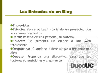 ¿Cómo escribir en un Blog?Reglas Fundamentales:Conoce a tu audienciaPiensa antes de escribir y piensa diferenteRecoge la información pensando en cómo quedará en la pantallaEscribe sencillo y cortoExplica las cosas