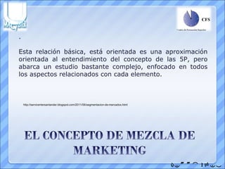 .

Esta relación básica, está orientada es una aproximación
orientada al entendimiento del concepto de las 5P, pero
abarca un estudio bastante complejo, enfocado en todos
los aspectos relacionados con cada elemento.



    http://servicentersantander.blogspot.com/2011/06/segmentacion-de-mercados.html




                                                                                     
 